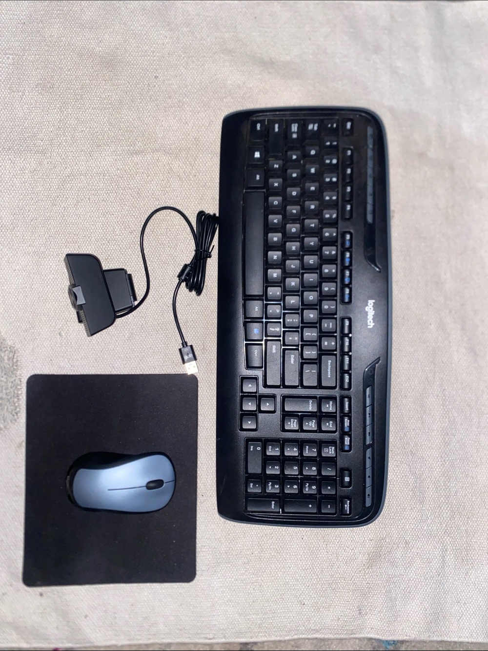 Logitech Black Keyboard & Wireless Mouse. Nexigo USB WebCam